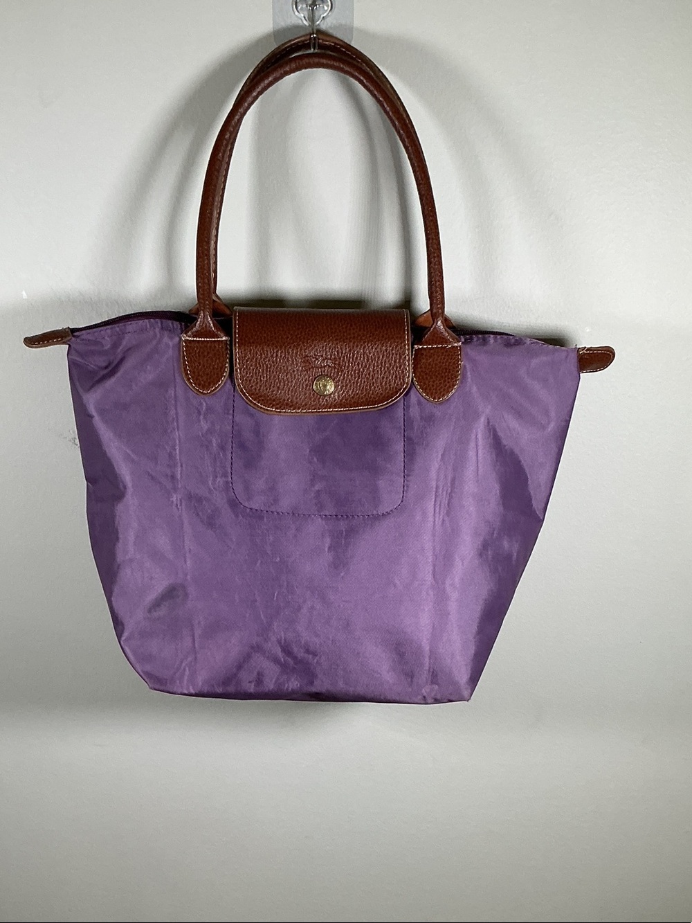 Longchamp Le Pliage Medium Purple Nylon Tote Bag Brown Leather Handles